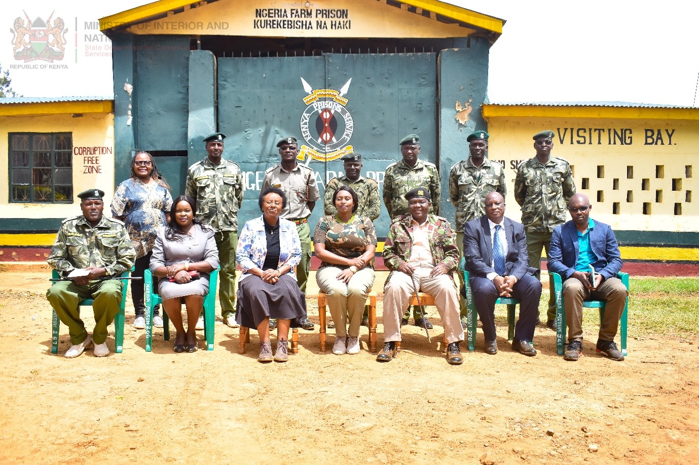 PS Correctional Mary Muthoni (middle) poses for a group photo during a visit of Ngeria Farm Prison. Photo: Collins William