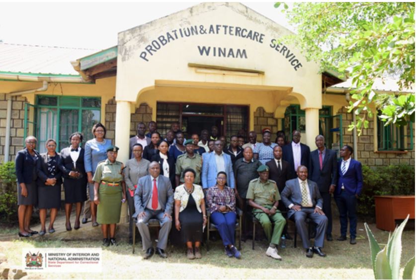 The Correctional PS Ms. Salome M. Beacco poses for a group photo with other senior officers while on her familiarization visit to Kisumu Correctional facilities. On her left is the Commissioner General of Prisons Brg (Rtd) John Warioba and on her left is the Probation and Aftercare Service Secretary Mary Mbau Photo: Cullen Wasike 