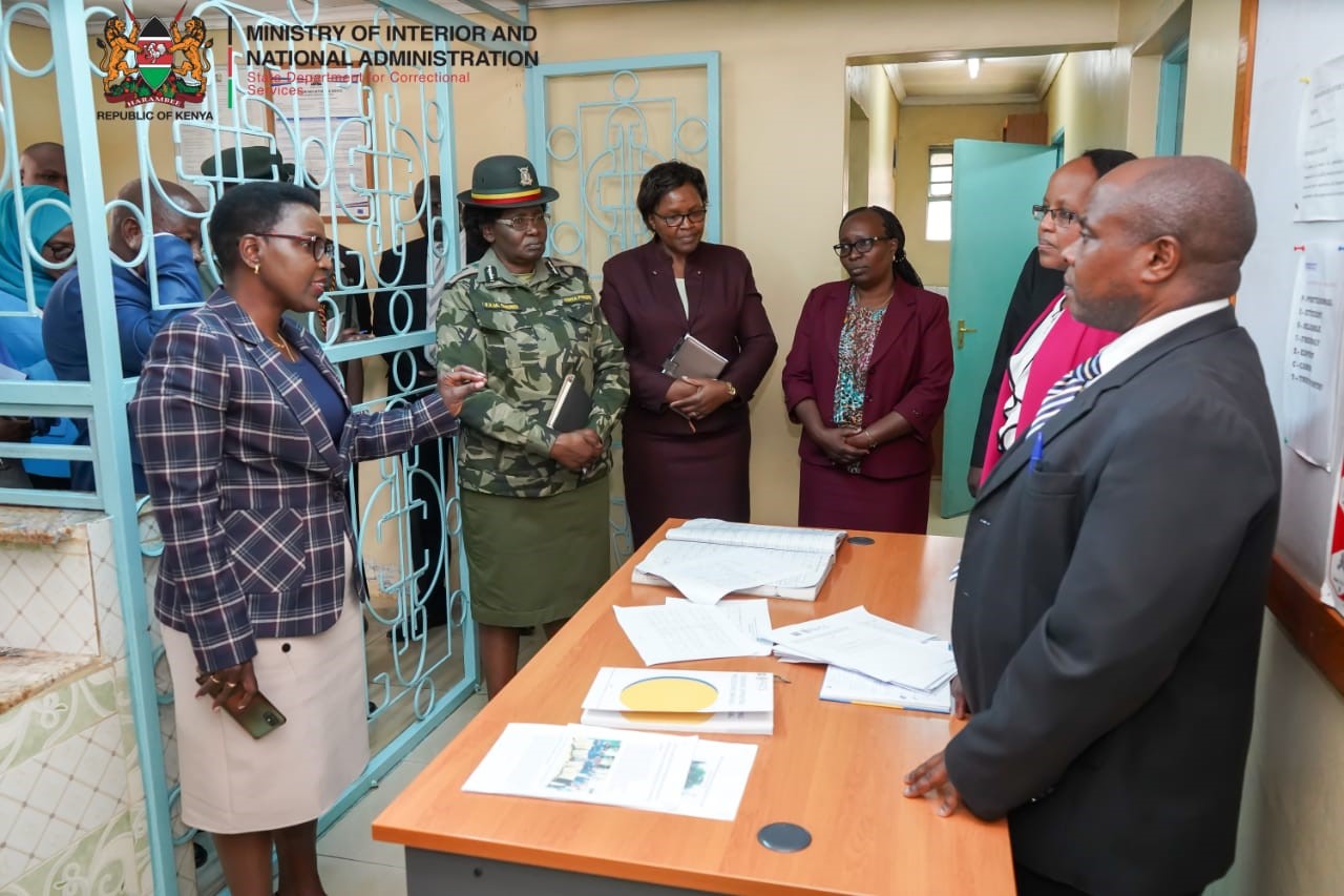PS Correctional Services Ms. Salome M. Beacco at the Mathari Liaison Probation office, alongside Deputy Commissioner General of Prisons, Florence Omundi (in uniform), Director Probation and After Care Services, Christine Obondi and other senior officials from the State Department. Photo: Patrick Ambani