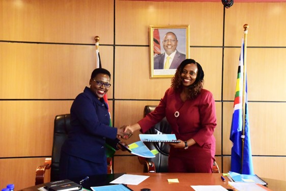 PS Correctional Ms. Salome Beacco (left) and PS Public Health and Professional Standards Ms. Mary Muthoni During the Handover Ceremony at the State Department for Correctional Services headquarters, Telposta Towers. Photo: Cullen Wasike.