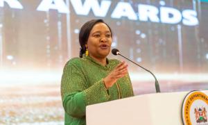 The Chief Guest Tourism and Wildlife Cabinet Secretary Rebecca Miano addressing attendees 