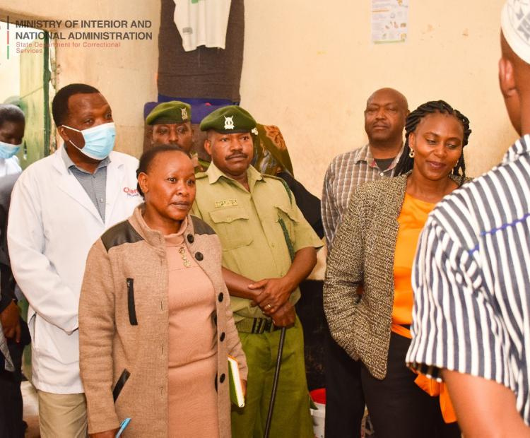 Correctional PS Mary Muthoni (in an orange top) accompanied by Thika West Assistant County Commissioner Philomener Nzioki, Nursing Officer in Charge Julius Mwangi, among others senior officers from the State Department and the County Government during a visit at Thika GK Prison. Photo: Collins William.