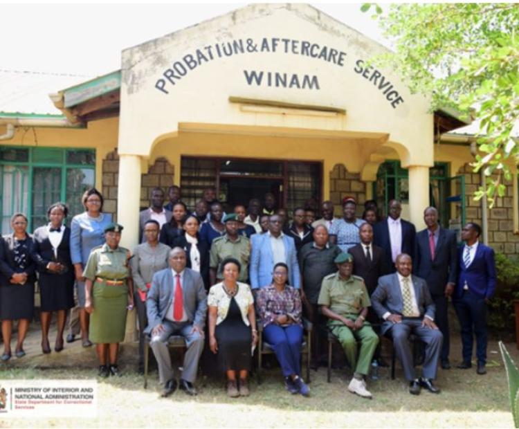 The Correctional PS Ms. Salome M. Beacco poses for a group photo with other senior officers while on her familiarization visit to Kisumu Correctional facilities. On her left is the Commissioner General of Prisons Brg (Rtd) John Warioba and on her left is the Probation and Aftercare Service Secretary Mary Mbau Photo: Cullen Wasike 