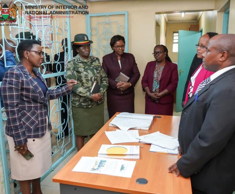 PS Correctional Services Ms. Salome M. Beacco at the Mathari Liaison Probation office, alongside Deputy Commissioner General of Prisons, Florence Omundi (in uniform), Director Probation and After Care Services, Christine Obondi and other senior officials from the State Department. Photo: Patrick Ambani