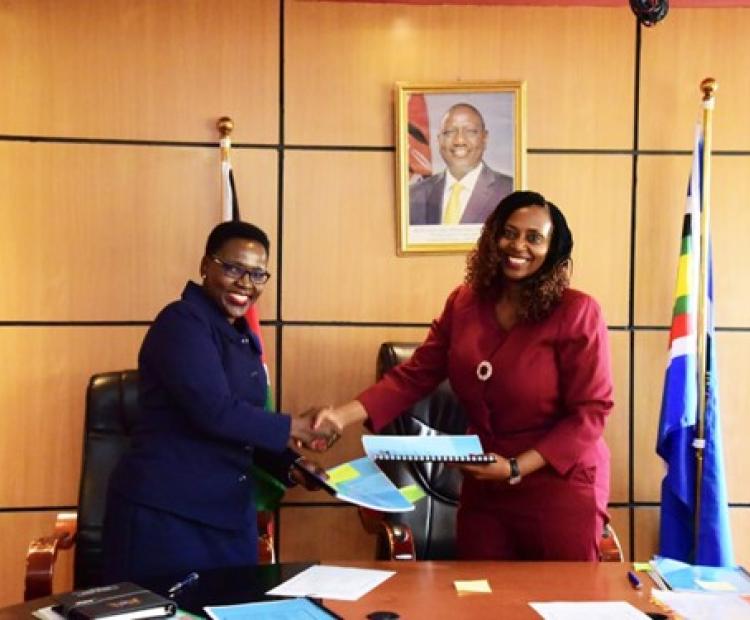 PS Correctional Ms. Salome Beacco (left) and PS Public Health and Professional Standards Ms. Mary Muthoni During the Handover Ceremony at the State Department for Correctional Services headquarters, Telposta Towers. Photo: Cullen Wasike.