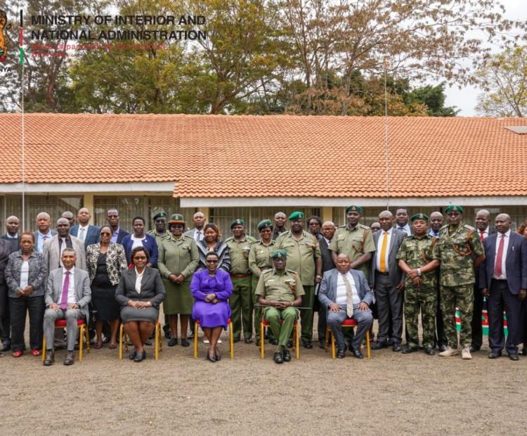 Correctional Department PS Ms. Salome M. Beacco (seated in the middle) during her meeting with Directors, Regional Commanders and Officers in charge from both Kenya Prisons Service and Probation and Aftercare Service at Prisons Staff Training College. On her left is the Commissioner General of Prisons Brg (Rtd) John Warioba and Director Administartion Jonam Kinama, on her right is the Director Probation Christine Obondi and Strathmore Vice Chancellor Vincent Ogutu. Photo: Patrick Ambani
